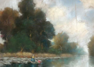 Mid 20th Century Pastel - Riverside Scene - Picture 1 of 2