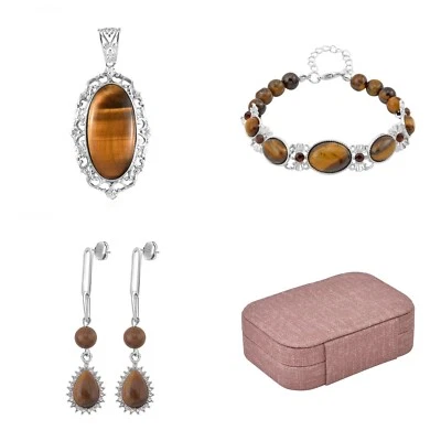 NUEVO Precioso Conjunto de Regalo Ojo de Tigre Pendientes Colgante Pulsera Joyero CB Foto 1 de 4