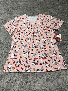 NWT Peanuts Sz M Christmas Snoopy Women's Printed Scrub Top Uniform - Picture 1 of 10