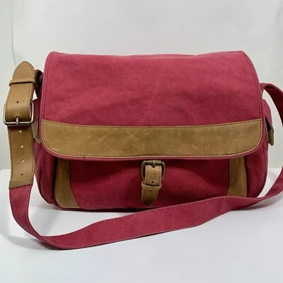 LL Bean ROSA Lona Campo Mensajero Bolso de Hombro Cuero Marrón Borde Push Lock Foto 1 de 4