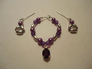#157 Handarbeit Puppenschmuck Lila Silber Perlen Perlen Diamant Halskette Ohrringe - Bild 1 von 2