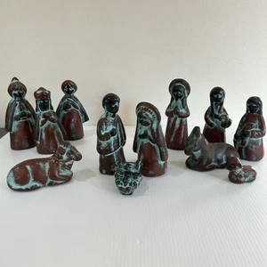 Krippe Set Mexikanische Volkskunst Keramik 8" Rustikal Braun Türkis Patina 12 Stück - Bild 1 von 13