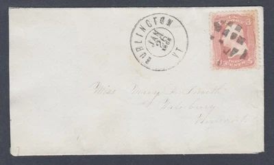US Sc 65 on 1865 cover, 3c rose, 28mm black BURLINGTON, VT cds & fancy cancel - Image 1 of 2