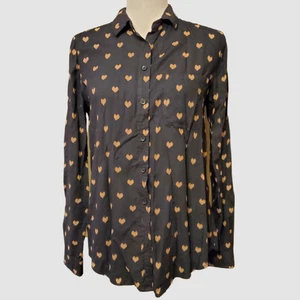 BeachLunchLounge Size Small Blouse Button‎-Up Shirt Top Black Brown Heart - Picture 1 of 5