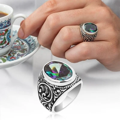 Mystic Topaz Stone 925 Sterling Silver Handmade Topaz Ring For Men - Image 1 of 4