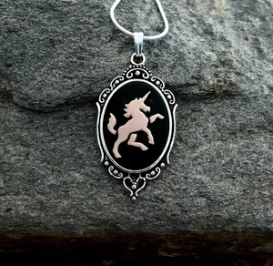 Pink Pegasus Unicorn Cameo Necklace, Vintage Pendant, .925 Sterling Silver Chain - Picture 1 of 4