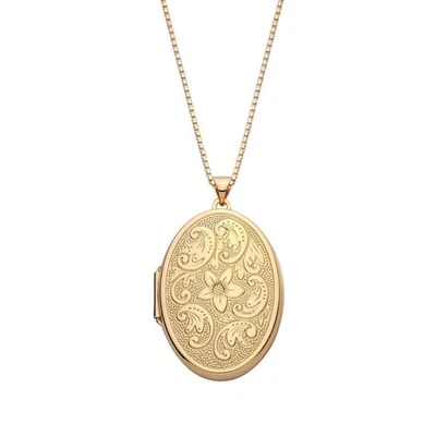 9ct Gold on Silver Large Floral Patterned Oval Photo Locket Pendant Necklace - Image 1 of 4