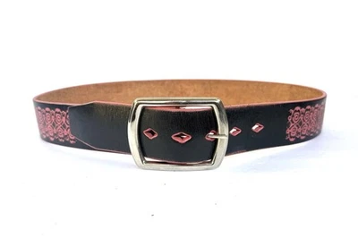 Joed Black Leather Pink Flowers Embossed Medium 34 Snaps Removable Buckle - Image 1 of 4