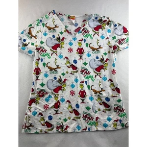Dr Seuss Grinch Christmas Scrub Top Women's Size M V Neck Short Sleeve - Picture 1 of 8