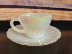 FIRE KING AURORA SWIRL IRIDESCENT DEMITASSE TEA CUP & SAUCER SET ANCHOR HOCKING - Picture 1 of 7