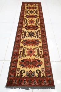 10 ft Hallway Tribal Beige Kazak Runner Rug Afghan Hand Knotted Wool Bedroom Rug - Picture 1 of 10