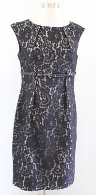 Calvin Klein Womens Black Floral Lace Illusion Belted Sheath Dress Size 8 - Image 1 of 4