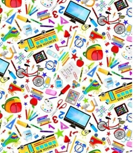 Back To School, Teacher, School Bus Fabric!Cotton•1 yd•BTY•White/Multi•FastShip! - Picture 1 of 4