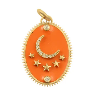 Ciondolo Charm Ovale Smalto Diamante Naturale Pavè Stella Luna Oro Giallo 18K... - Foto 1 di 4