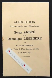 ● Allocution mariage Serge André Dominique Legendre Abbé Girodon Chantilly 1912 - Picture 1 of 4