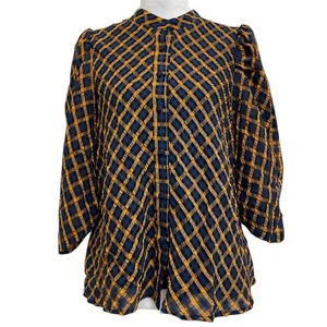 Anthropologie Eva Franco blau & orange strukturiert kariert Knopfleiste Bluse Gr. 4 - Bild 1 von 10