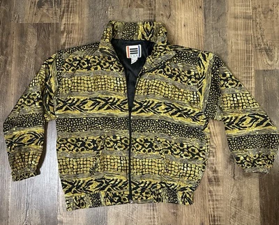 Chaqueta cortavientos vintage EVR dorada negra con estampado animal PL Pakistán años 90 Foto 1 de 4