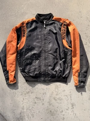 复古 Harley Davidson 男式轰炸机夹克黑色和橙色拉链 L 码高 — 第 1/4 张图片