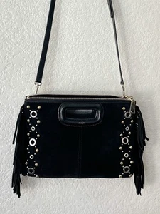 Maje Black Suede Fringe Studded Trendy Crossbody Handbag Shoulder Bag EUC - Picture 1 of 18