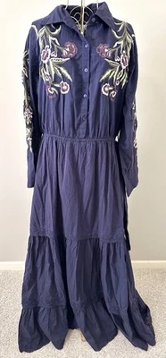 Maxi Vestido Solitario Tejido Boho Campesino Boho Floral Bordado Azul Marino Talla L Foto 1 de 4