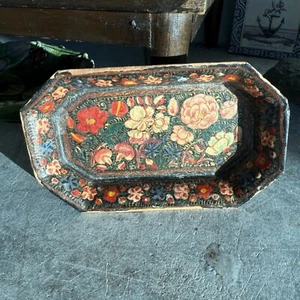 Antico vassoio in legno floreale Kashmir dipinto a mano del 1800 rettangolare 5"x3" - Foto 1 di 9
