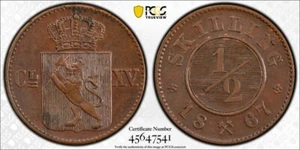 Norway 1/2 Skilling 1867 PCGS MS62 BN - Picture 1 of 3