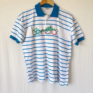 Vintage Benetton Mens Polo Shirt Size S-M Blue White Striped Cotton 80s Logo - Picture 1 of 13
