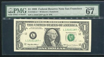 FR. 1925-L* 1999 $1 ONE DOLLAR *STAR* FRN SAN FRANCISCO, CA PMG GEM UNC-67EPQ - Image 1 of 2