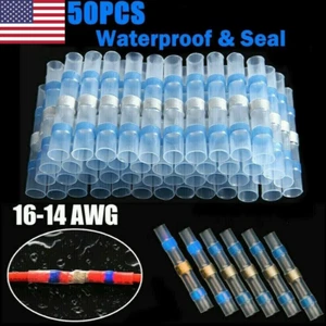 50Pcs Waterproof Blue Heat Shrink Solder Seal Wire Sleeve Butt Splice Connectors - Picture 1 of 12