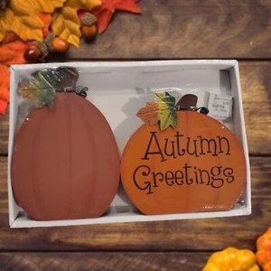 Set of 2 Wooden Pumpkins Autumn Greetings Harvest Thanksgiving Decor New - Picture 1 of 1