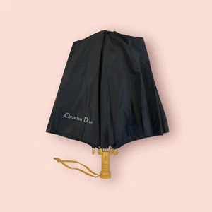 CHRISTIAN DIOR Vintage Black Luxury Designer Logo Umbrella Wood Handle RARE - Picture 1 of 9