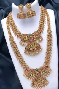 Indian Long Choker Necklace Set Gold Plt Bollywood Bridal Wedding Temple Jewelry - Picture 1 of 5