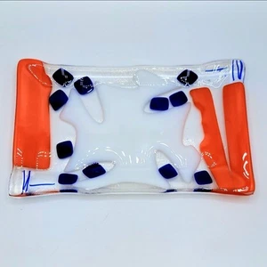 Fused Studio Art Glass Vibrant Rectangular Dish Orange White Navy Blue - Picture 1 of 5