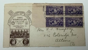 1939 Baseball Centennial Saint Bonaventure College w/ 3 Cent Stamps First Day - Picture 1 of 2
