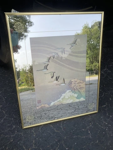 Vtg Midcentury Chinese 1975  Academy Arts Mirror Flying Cranes Page Wood 20x16” Cover