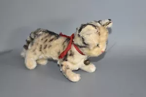 Steiff !? Katze Tabby Mohair rote Schleife Glöckchen alt antik Fach #E2 - Bild 1 von 9
