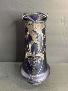 Antique Art Nouveau Glass Vase/Blue Color/Silver Overlay/Signed/France C.1925 - Picture 1 of 13