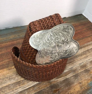 Ralph Lauren Wide Leather Belt Size S with Floral Butterfly Shape Silver Buckle - Picture 1 of 6