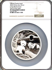 China 2022 Long Beach 5oz Silver Panda, Year of the Tiger, NGC PROOF 70 ! - Picture 1 of 3