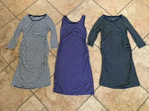 Target Maternity Set Ruched Knee Dresses M Striped Navy Green Cream Purple Lot - Picture 1 of 5