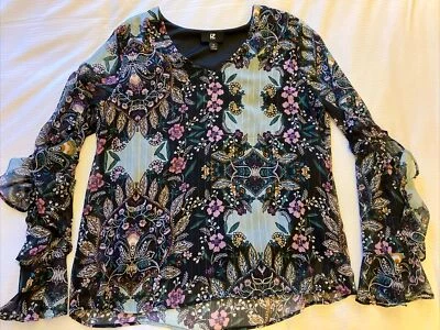 iZ Byer Size XL Floral Paisley Top Blouse Women RUFFLE SLEEVES Metallic Threads - Image 1 of 4