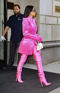 Brand NEW UK 3 (36) Pink Satin Over The Knee High Heeled Boots Barbie - Picture 1 of 9