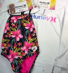 Hurley Mädchen 5/6 Rash Guard Top & Badeanzug UPF 50+ H2O DriFit hawaiianisch - Bild 1 von 6
