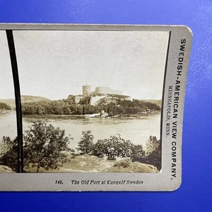 Antique Stereoview Card Swedish American The Old Fort at Kungelf Sweden Water - Picture 1 of 3