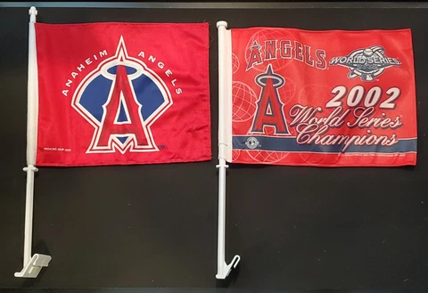 Pair of 2002 Anaheim Angels Car Window Flags, World Series Champions & Team Logo Cover