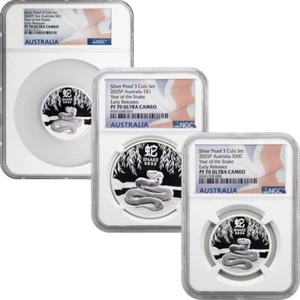 2025 P Proof Australia Lunar Series 3 Silver Year of the Snake 3pc Set NGC PF70 - Picture 1 of 8