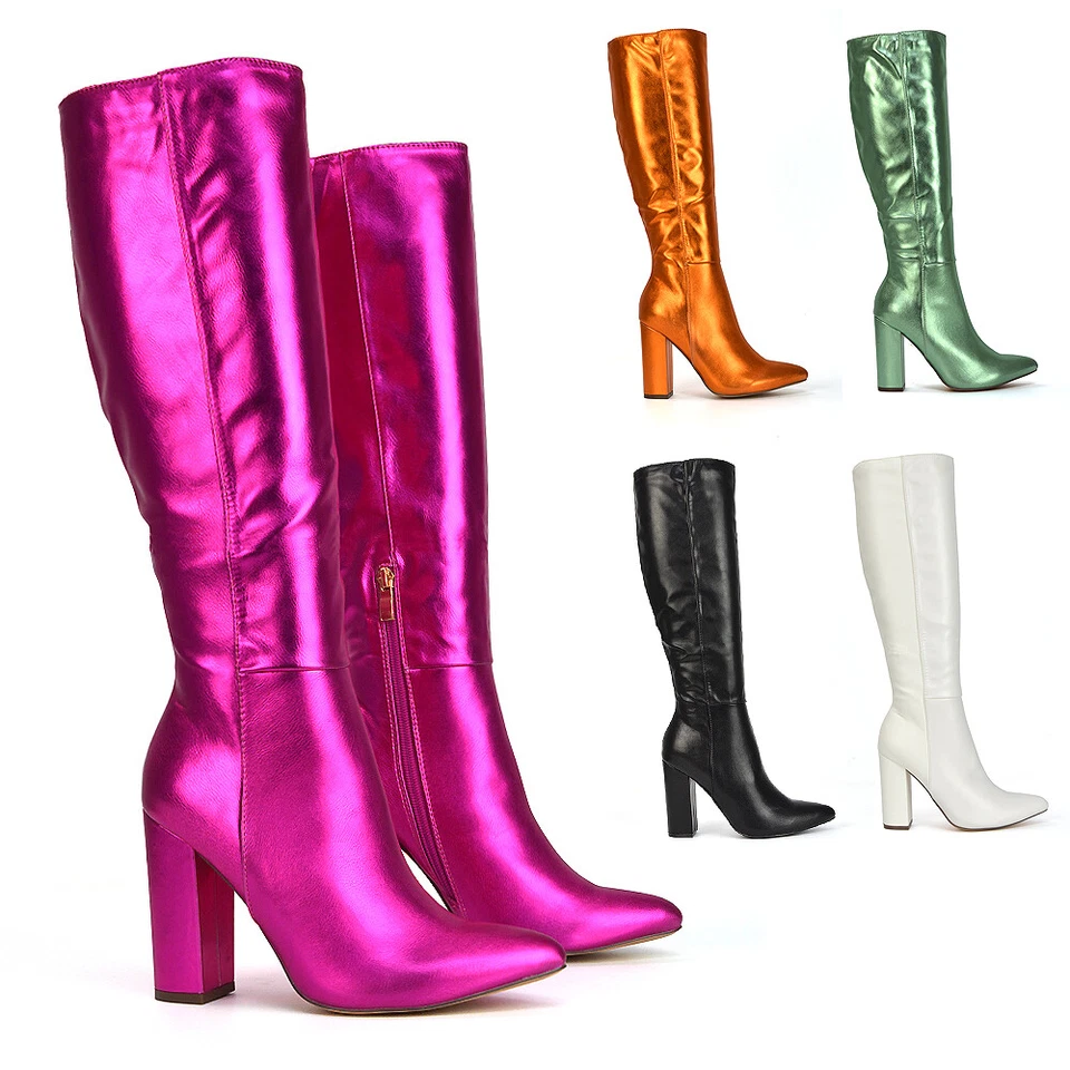 Womens Knee High Boots Ladies Block High Heel Synthetic Leather Pointed Toe Size - image 1 of 1