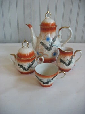 Vintage Japanese Dragon Satsuma Pottery moriage musical teapot creamer sugar cup - Image 1 of 4