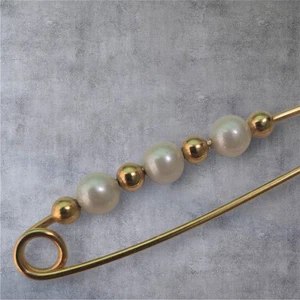 Gold Tone Safety Pin Brooch Faux Pearl Charm Accent - Picture 1 of 4