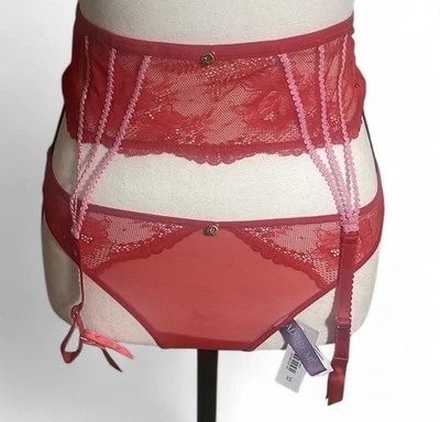 Adore Me Suki Cheeky Panty/Garter Set Sz XS Red/Pink Lace Straps Feminine - Image 1 of 4